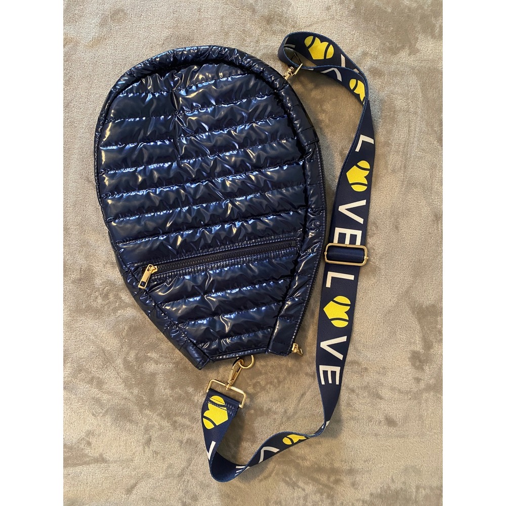 Ah-Dorned Tennis Racket Bag Navy Blue Quilted Puffer Sling LOVE Strap Pockets